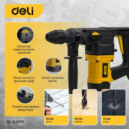 Перфоратор Deli DL-DC28-E1 1050Вт, SDS PLUS, 4300уд/мин, 900об/мин, кейс, в комплекте 3 бура, долото, пика