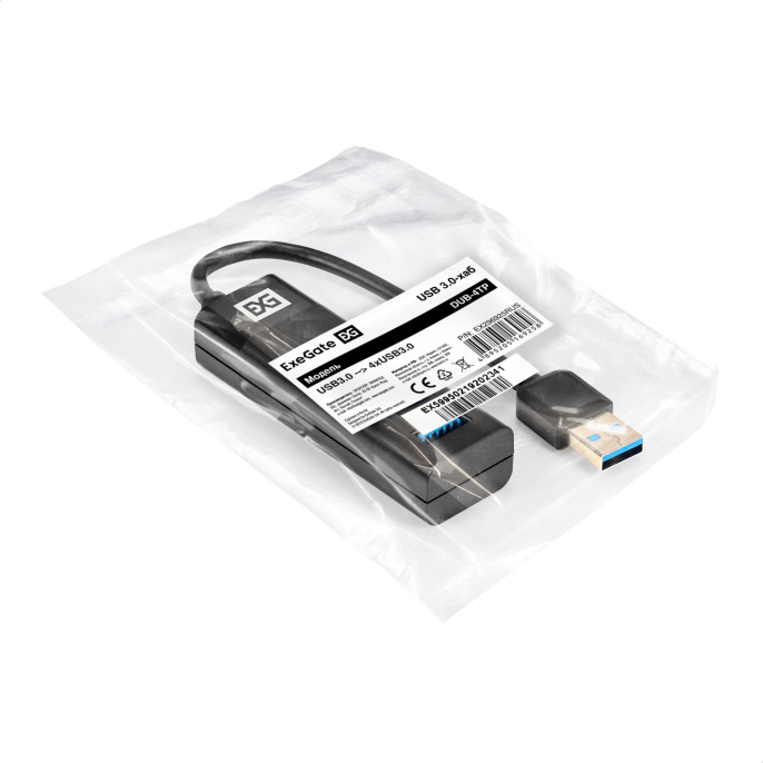 USB-Хаб (концентратор) 4-в-1 ExeGate DUB-4TP (кабель-адаптер USB3.0 --> 4xUSB3.0, Plug&Play, черный) EX296925RUS