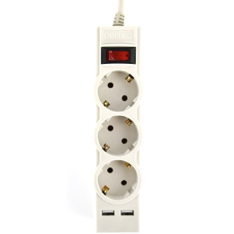 Perfeo сетевой фильтр "POWER-S", 1,8м, 3 розетки 10А, 2USB, 2500 Вт, двойная защита, серый.