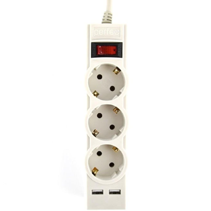 Perfeo сетевой фильтр "POWER-S", 1,8м, 3 розетки 10А, 2USB, 2500 Вт, двойная защита, серый.