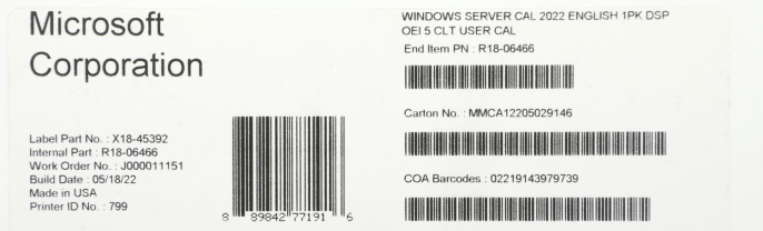 ПО Microsoft Windows Server CAL 2022 English 1pk DSP OEI 5 Clt User CAL R18-06466