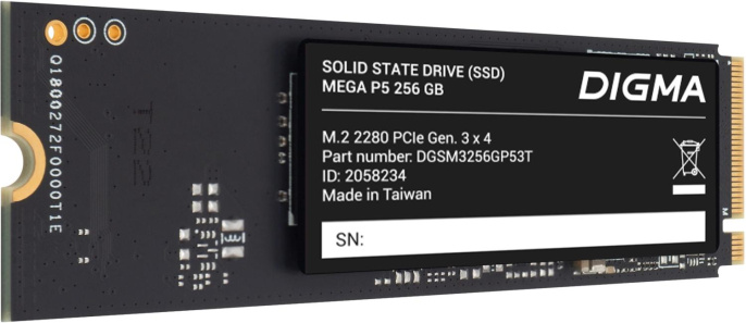 SSD накопитель Digma Mega P5 DGSM3256GP53T 256ГБ, M.2 2280, PCIe 3.0 x4, NVMe, M.2, rtl