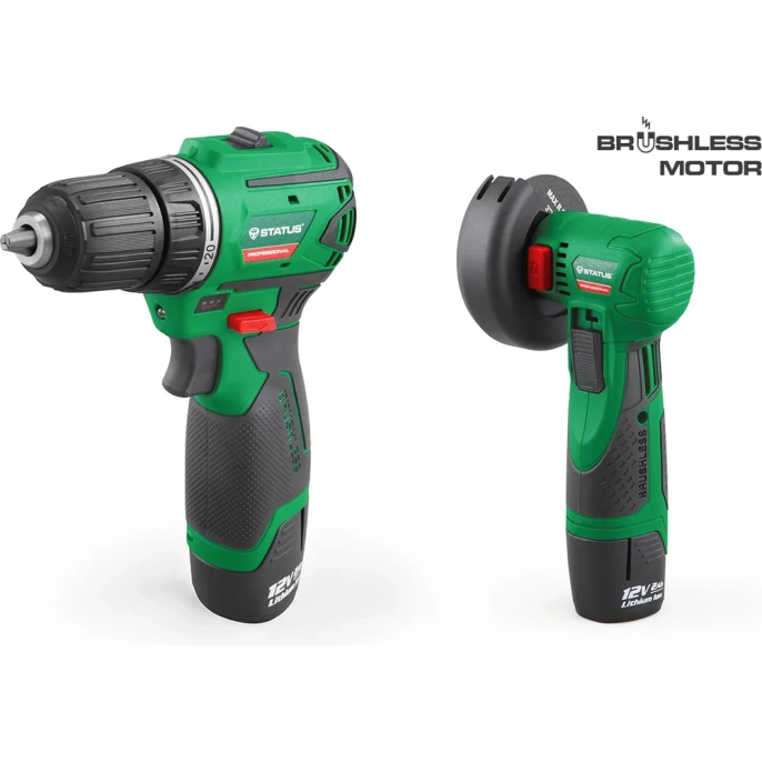 Бесщёточный аккумуляторный набор Дрель + УШМ STATUS 07126201