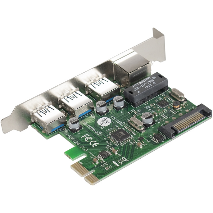 Контроллер сетевой ExeGate EXE-361 PCI-E x1 v2.0, LAN UTP 1000Mbps + 3*USB3.0 ext., разъем доп.питания, Chipset VL805 + RTL8153B EX283714RUS