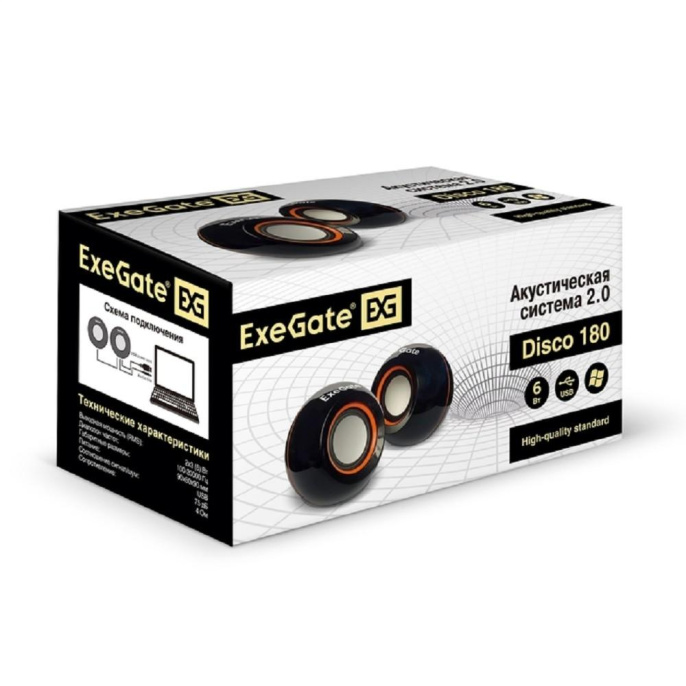 Акустическая система 2.0 ExeGate Disco 180 питание USB, 2х3Вт 6Вт RMS , 100-20000Гц, черный, Color Box EX287053RUS