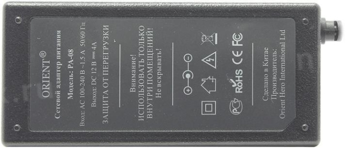 ORIENT PA-08, Блок питания DC 12V, 4.0A, стабилизированный, защита от КЗ и перегрузки Imax~4.5А , вилка с кабелем 29506