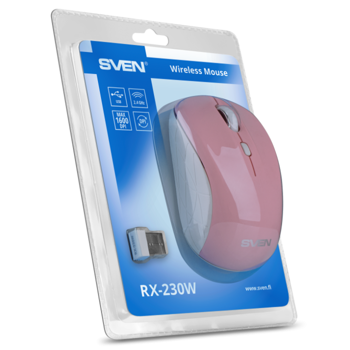 Беспроводная мышь SVEN RX-230W розовая 2,4 GHz, 3+1кл., 800-1600DPI, Soft Touch, блистер SV-017842
