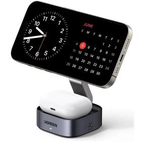 Зарядное устройство магнитное беспроводное 2-в-1 UGREEN W526 35278 2-in-1 Magnetic Wireless Charger для Iphone&AirPods 7,5W. Цвет: серый космос