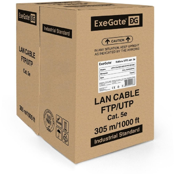 Кабель ExeGate UTP4-C5e-CCA-S25-IN-PVC-GY-305 UTP 4 пары кат.5e CCA, 0.45мм (25AWG), 305м, серый, PVC EX281817RUS