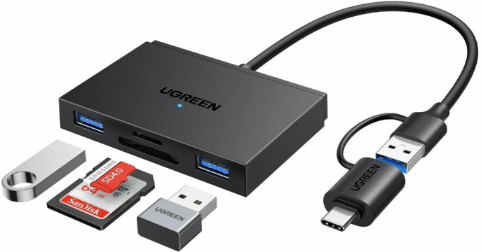 Кардридер UGREEN CM812 45167 4-in-1 MicroSD*USB*USB-C*SDXC*SDHC Card Reader. Цвет: черный