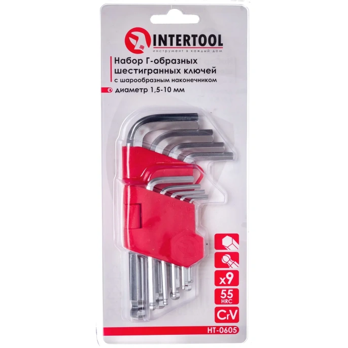 Набор Г-образных шестигранных ключей INTERTOOL 9 ед., 1.5-10 мм, Cr-V, 55 HRC Small HT-0605