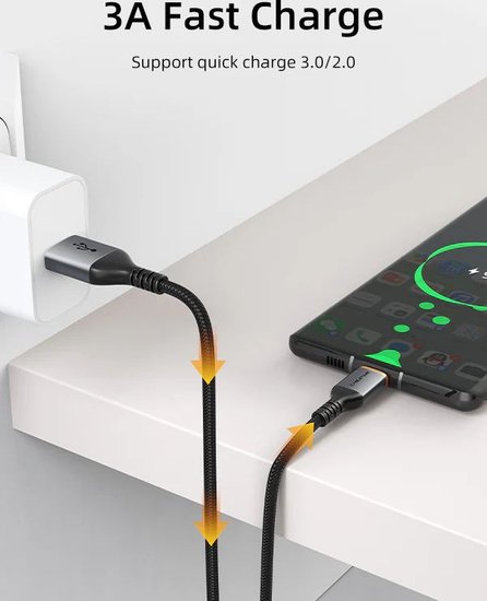 Кабель CABLETIME CA30H (CT-AMCM3A-AG1) 1 м, 3A USB A TO USB C, нейлоновый, черный