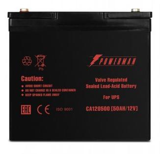 Батарея POWERMAN Battery CA12500, напряжение 12В, емкость 50Ач, макс. ток разряда 500А, макс. ток заряда 15А, свинцово-кислотная типа AGM, тип клемм M1, Д/Ш/В В229/138/208, 16.2 кг./ Battery POWERMAN Battery CA12500, voltage 12V, capacity 50Ah, max. disch