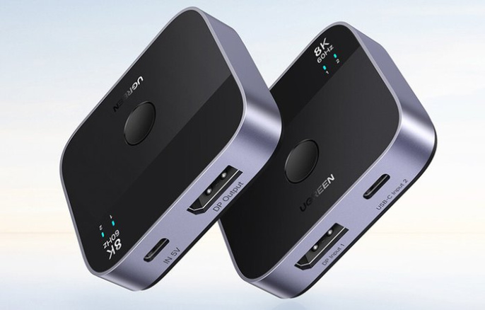 Переключатель UGREEN AW701 65878 2 in 1 8K@60Hz DisplayPort&USB-C Switcher. Цвет: черный (65878_)