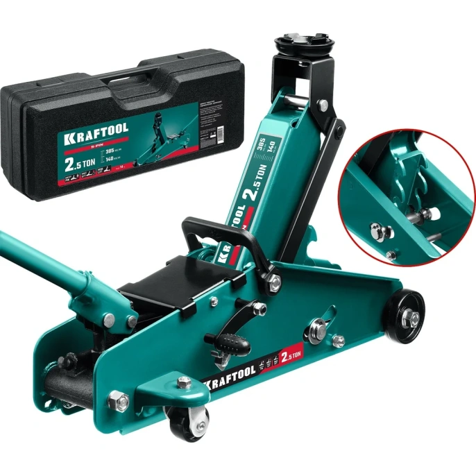 Подкатной домкрат с увеличенным подъемом и фиксатором KRAFTOOL S-PIN 2.5т, 140-385 мм, в кейсе 43457-2.5-K