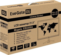 Монитор 21.5" ExeGate EB2200A (VA LED Grade A+, FHD, 1920x1080@75Гц, 16:9, 200cd/m2, 3000:1, 178°/178°, 5ms, D-Sub, HDMI, Flicker-free, Low Blue Light, кабель HDMI 1.5м, VESA, регулировка наклона (tilt), черный) EX297376RUS