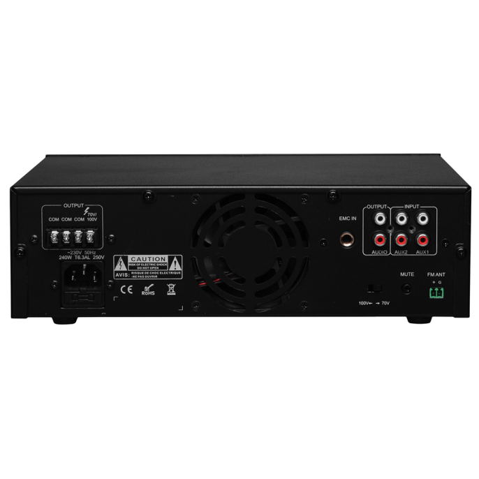 Мини-усилитель ITC T-B120, USB, SD-карта, FM-приёмник, Bluetooth; выходная мощность: 120 Вт; выход: 70 В / 100 В; частотный диапазон: 80 Гц…16 кГц; входы: 1 х микрофонный TRS 6,3 мм, 2 х линейный RCA