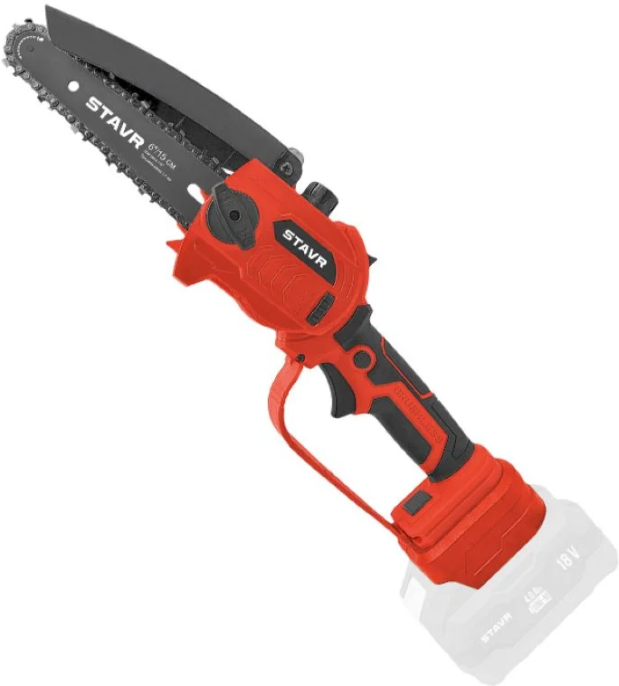 Электропила цепная Ставр SCS 18BL-15 9060100030 аккумуляторная, бытовая, 18 В, шаг цепи: 1/4 дюйма, длина шины: 15 см, без аккумулятора в комплекте, быстрое натяжение цепи, 37 звеньев, скорость движения цепи: 7 м/с