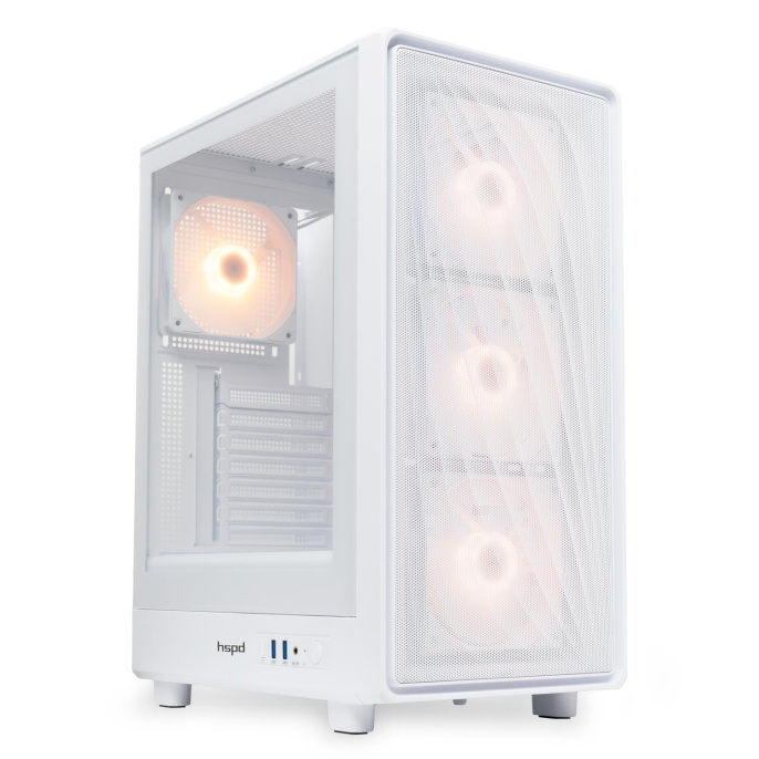 Корпус HSPD M510, Mesh Mid Tower, White, TG, 0.5 SPCC, 4x120mm ARGB ATX, mATX, mITX 180/280/160mm 1x2.5", 1x3.5", 7xPCI 2xUSB-A 3.0 517x277x418mm M510-TGWH-ARGB