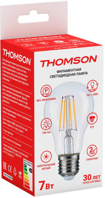Лампа филаментная Thomson E27, груша, 7Вт, TH-B2060, одна шт.