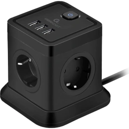 Сетевой фильтр Cablexpert Tower 4р, 10А, 3xUSB, 3.1А, 2м, ур.защиты 2+, черный, коробка TWR-4-U3-B-2