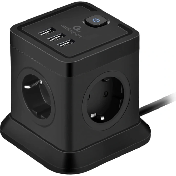 Сетевой фильтр Cablexpert Tower 4р, 10А, 3xUSB, 3.1А, 2м, ур.защиты 2+, черный, коробка TWR-4-U3-B-2