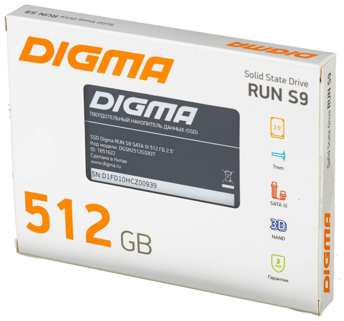 SSD накопитель Digma Run S9 DGSR2512GS93T 512ГБ, 2.5", SATA III,  SATA,  rtl