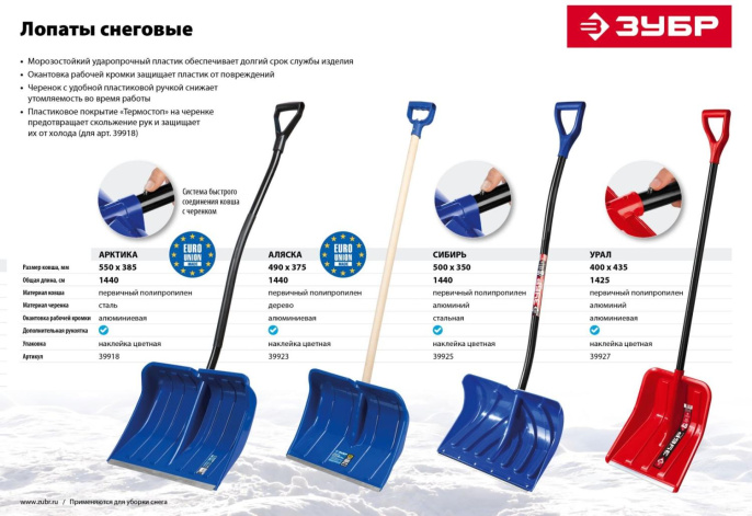 Лопата совковая Зубр Сибирь для уборки снега средний 39925