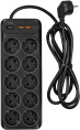 Сетевой фильтр-удлинитель PowerCom SP-10 USB2A1CB 3.0M, 10 розеток, черный, 16А, 4кВт, 204Дж, защитные шторки, защита от КЗ, перегрузки и импульсных помех, один порт USB-C PD20W и два USB-A QC3.0 суммарной мощностью 15Вт, кабель 3x1.5 мм2, ШхГхВ 268х10