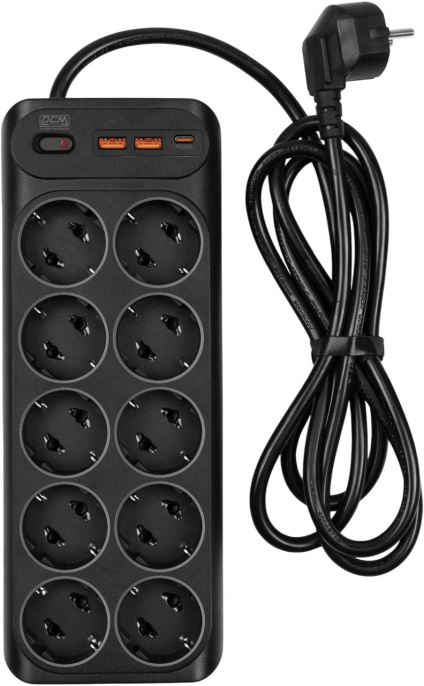 Сетевой фильтр-удлинитель PowerCom SP-10 USB2A1CB 3.0M, 10 розеток, черный, 16А, 4кВт, 204Дж, защитные шторки, защита от КЗ, перегрузки и импульсных помех, один порт USB-C PD20W и два USB-A QC3.0 суммарной мощностью 15Вт, кабель 3x1.5 мм2, ШхГхВ 268х10