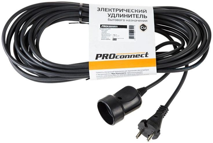 Удлинитель силовой PROCONNECT PROc-Uc, розеток 1шт, 2x0.75 кв.мм, 6A, 10м, ПВС, без катушки, черный [11-7114]