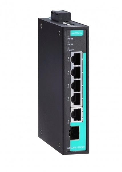 Промышленный неуправляемый коммутатор MOXA EDS-G205-1GTXSFP, 4 порта 10/100/1000BaseT X , 1 порт combo 10/100/1000BaseT X или 100/1000BaseSFP, IP30, от 0 до 60°C, DIN-Rail