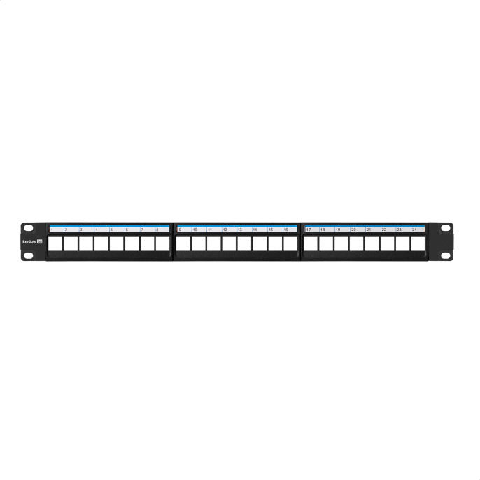 Патч-панель модульная ExeGate EPPB-19-24 19", UTP, 24 port, наборная, неэкранированная, 1U, RoHS, с кабельным органайзером, Black, RTL EX297320RUS