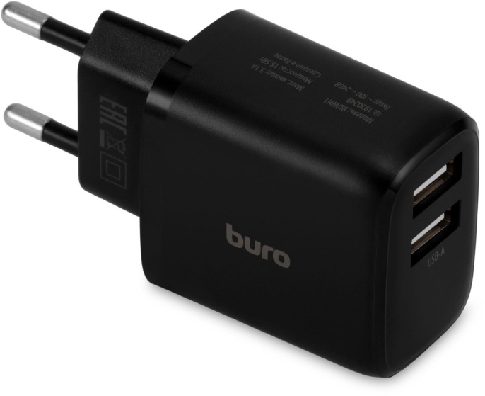 Сетевое зарядное устройство Buro BUWH1, 2xUSB-A, 15.5Вт, 3.1A, черный [buwh15s200bk]