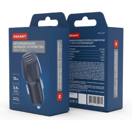 Rexant 18-2220 Автомобильное зарядное устройство c двумя портами USB-А + USB-A со световой индикацией, 12Вт, черное