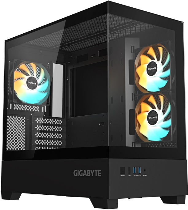 Корпус Gigabyte C201 Panoramic Черный GB-C201P материал: сталь, окно: закаленное стекло, 2хUSB3.0, Audio, без БП, 2x3.5” и 1x2.5”, 2x2.5”/3.5″, 5 слотов расширения, mATX, длина видеокарты: 410 мм, воздушное охлаждение: сверху 3х120мм/2х140мм, сбоку: 2х