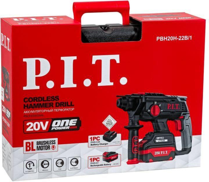 Перфоратор P.I.T. PBH20H-22B/1 SDS-Plus аккумуляторный, бесщеточный, 20В, 1.8Дж, 3 режима, Ø22мм, 1акб, ЗУ, кейс