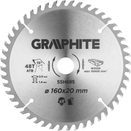 Диск пильный по дереву (160x20 мм; 48T; кольцо 16 мм; зуб 15 градусов ATB) Graphite 55H685