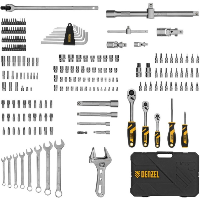 Набор инструментов, 1/2", 1/4", 3/8", CrV, S2, пластиковый кейс, 216 предметов// Denzel [15807]