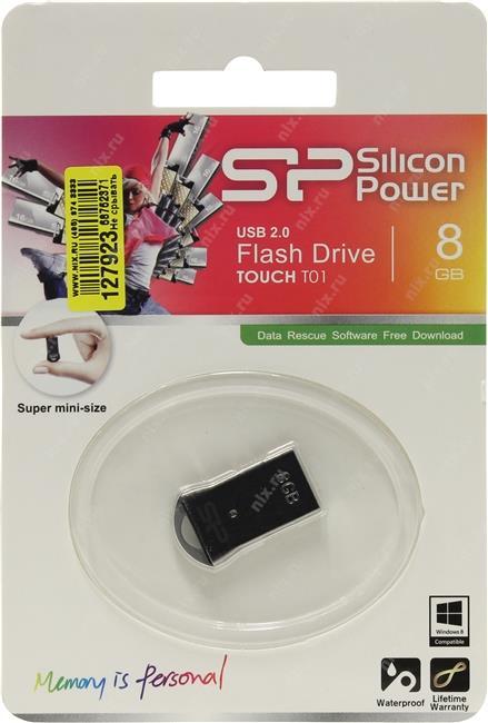Флешка USB Silicon Power Touch T01 8ГБ, USB2.0, черный и серебристый [sp008gbuf2t01v1k]