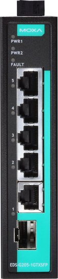 Промышленный неуправляемый коммутатор MOXA EDS-G205-1GTXSFP, 4 порта 10/100/1000BaseT X , 1 порт combo 10/100/1000BaseT X или 100/1000BaseSFP, IP30, от 0 до 60°C, DIN-Rail