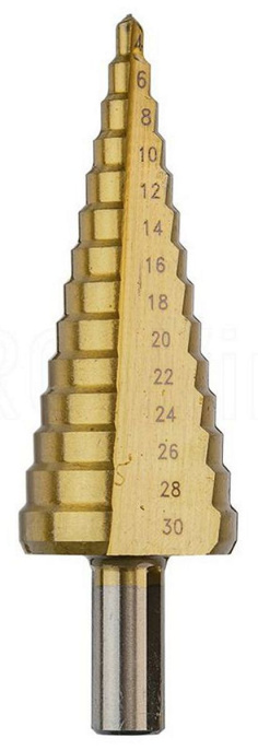 Сверло P.I.T. AMED09-0430 по металлу ступенчатое, Ø4-30мм, 14 ступеней с шагом 2мм, HSS