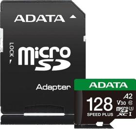 Карта памяти microSDXC UHS-I U3 A-Data Speed Plus 128 ГБ, 180 МБ/с, Class 10, UD128GUI3V30A2SP-RA1, 1 шт., переходник SD