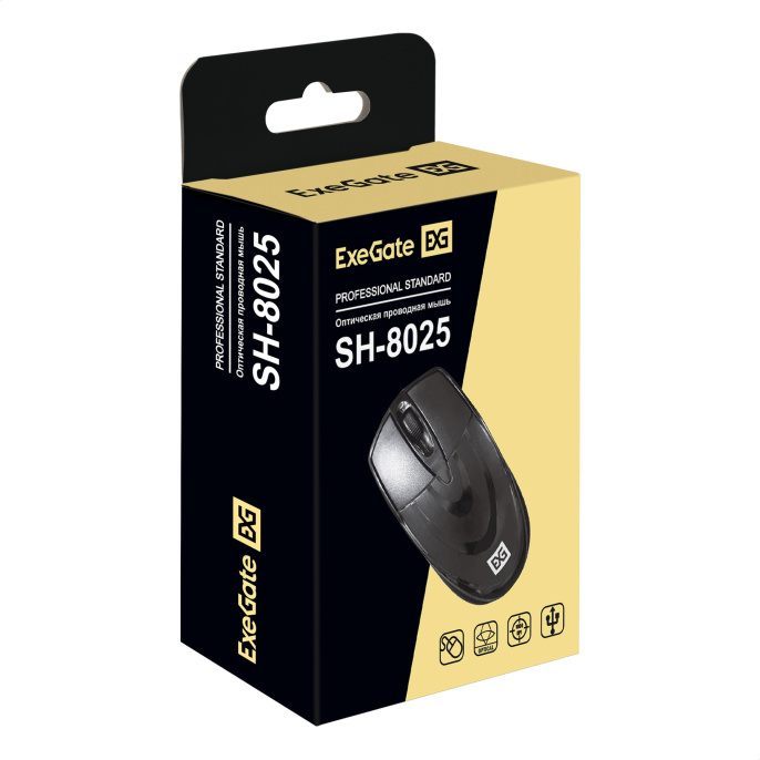 Мышь ExeGate Professional Standard SH-8025 USB, оптическая, 1000dpi, 3D, 3 кнопки и колесо прокрутки, длина кабеля 1,5м, черная, Color Box EX295306RUS