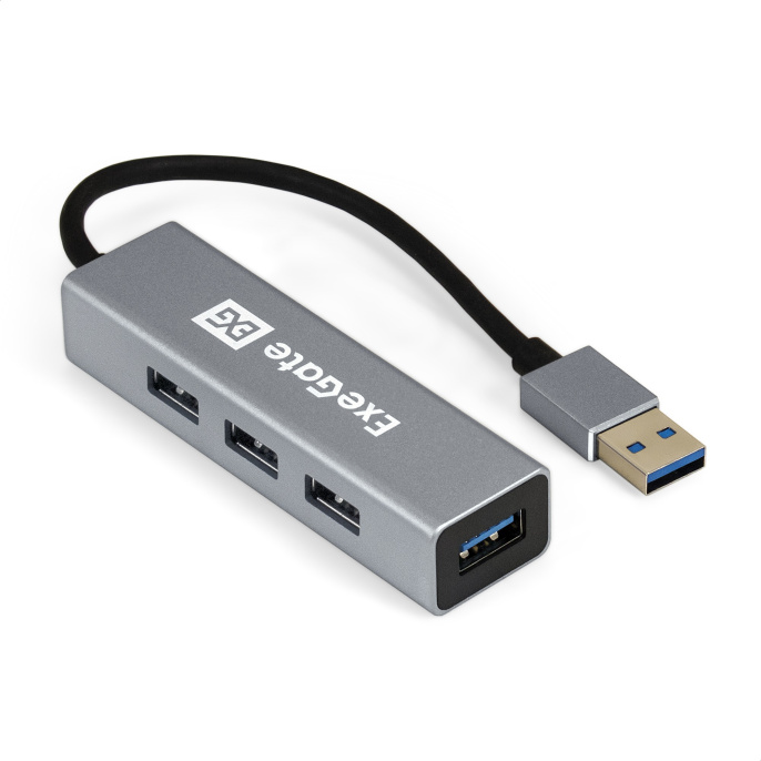 USB-Хаб (концентратор) 4-в-1 ExeGate DUB-4 (кабель-адаптер USB3.0 --> 4xUSB3.0, Plug&Play, корпус алюминиевый, серебристый) EX293981RUS