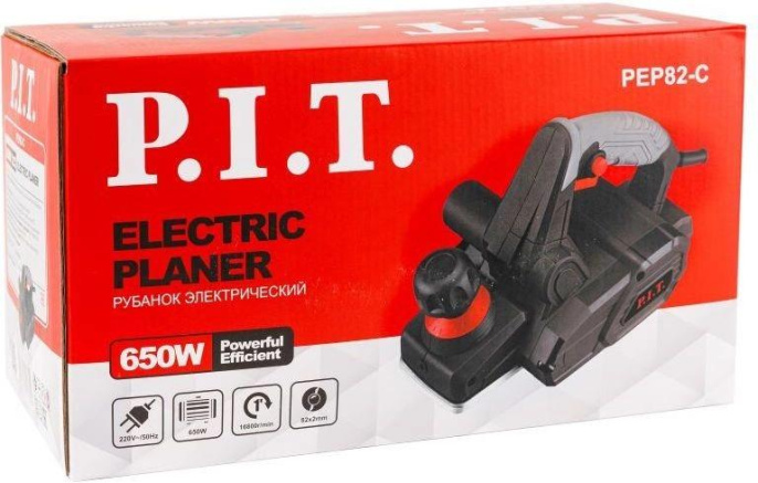 Электрорубанок P.I.T. PEP82-C 650Вт, 16800 об/мин, 2 ножа 82мм, 0-2мм, 1 фаска, упор, адаптер