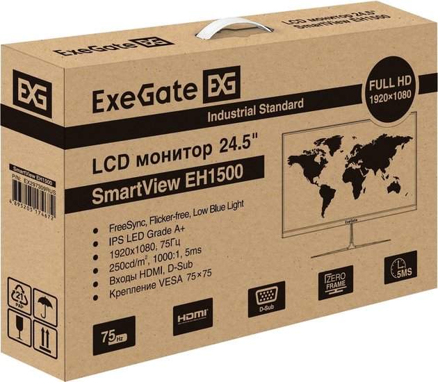 Монитор 24.5" ExeGate SmartView EH1500 (IPS LED Grade A+, FHD, 1920x1080@75Гц, 16:9, 250cd/m2, 1000:1, 178°/178°, 5ms, D-Sub, HDMI, Flicker-free, FreeSync, Low Blue Light, кабель HDMI 1.5м, VESA, регулировка наклона (tilt), черный) EX297309RUS