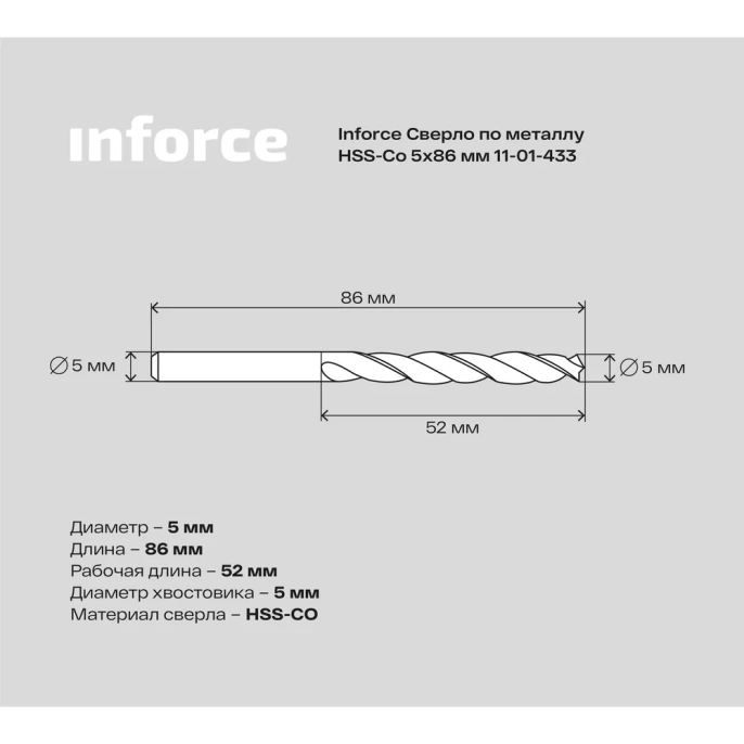 Сверло по металлу HSS-CO 5x86x52 мм Inforce 11-01-433