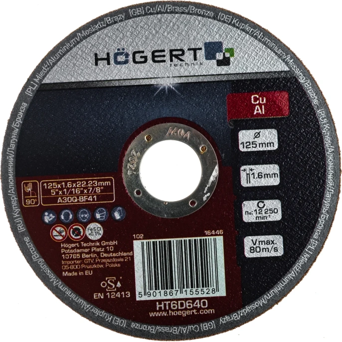Диск отрезной по цветному металлу (125x1.6x22.23 мм) HOEGERT TECHNIK HT6D640