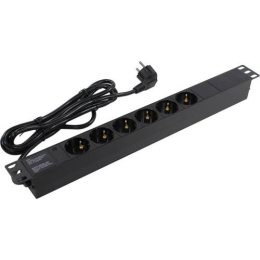 Блок розеток с кабелем с евровилкой ExeGate ServerPro PDU-19H603 Al-6S-EU2.5CU 19", 1U, Алюминий, 6 Schuko, кабель с евровилкой VDE-250V-16A-3*1.5mm2, медь, 2.5 метра, индикатор питания, черный, RTL EX280828RUS